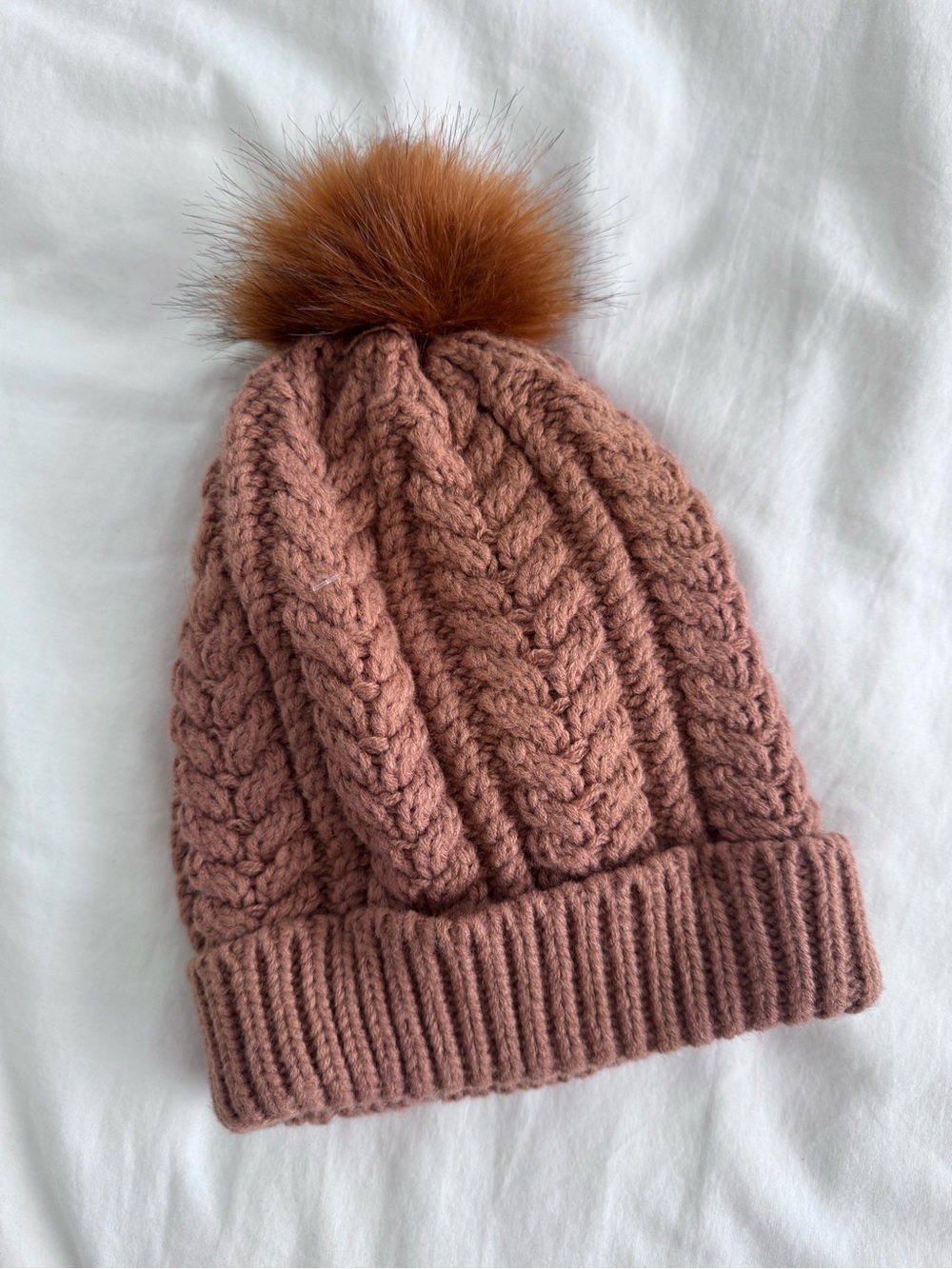 Knit Cable Pom Beanie - camel color
